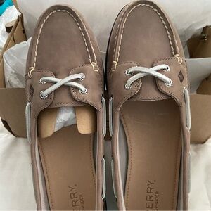 Sperry Women's Taupe Leather Boat Shoes with White Laces